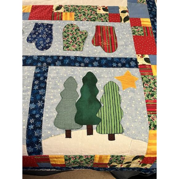 Handmade Winter Christmas Patchwork Appliqué Quilt Twin Snowmen Cabins Bears Fun - Picture 3 of 12